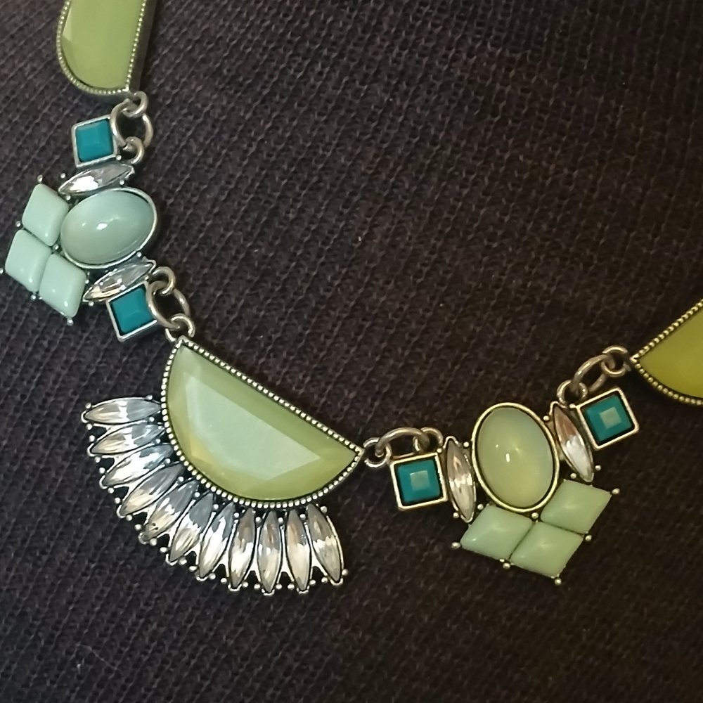 Lia Sophia silvertone geometric necklace with turquoise and green stones - Picture 2 of 9